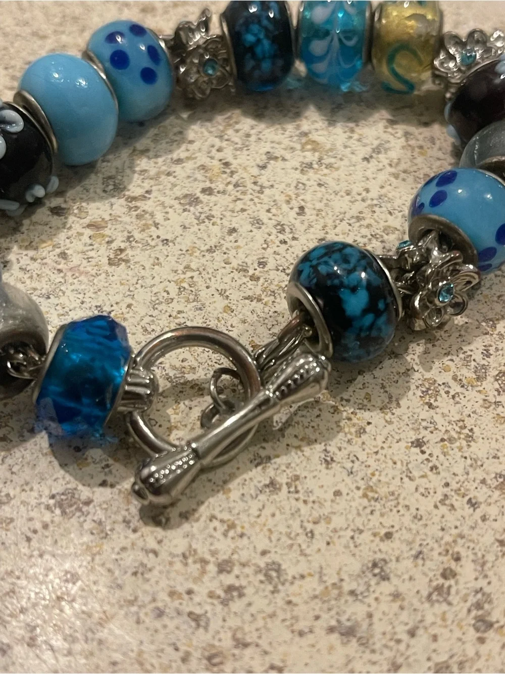 Blue Glass Bead Charm Bracelet - Silver Toggle Clasp
